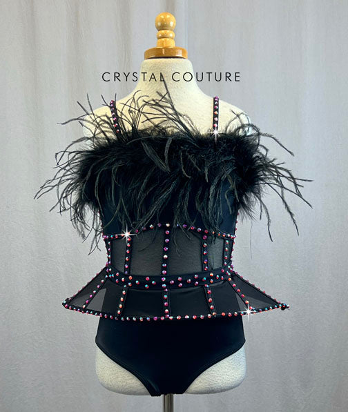 Black Peplum bustier Style Leotard With Feathers