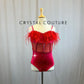 Red Leotard with Mesh Insert, Red Feathers on Best Trim and Boning Additions - Rhinestones