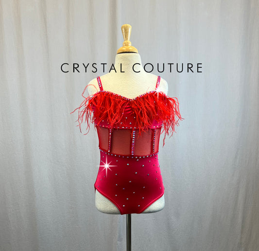 Red Leotard with Mesh Insert, Red Feathers on Best Trim and Boning Additions - Rhinestones