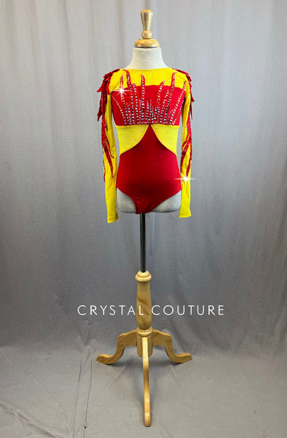 Custom Red and Yellow Leotard with Mesh Cutouts and Red Flames