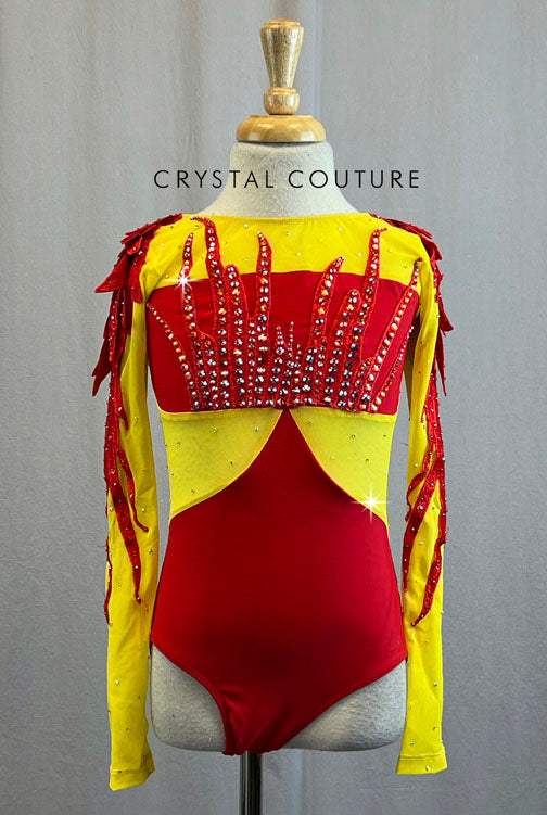 Custom Red and Yellow Leotard with Mesh Cutouts and Red Flames