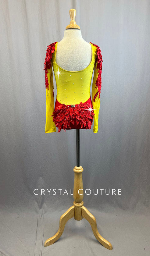 Custom Red and Yellow Leotard with Mesh Cutouts and Red Flames