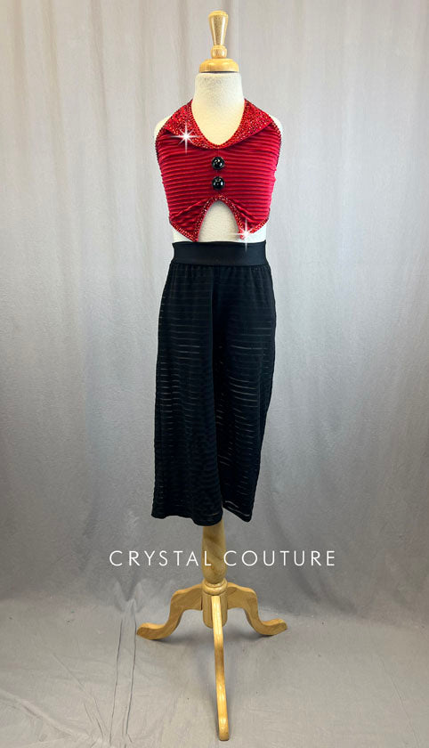 Red Velvet Cropped Vest With Rhinestones and Cropped Black Striped Sheer Pants