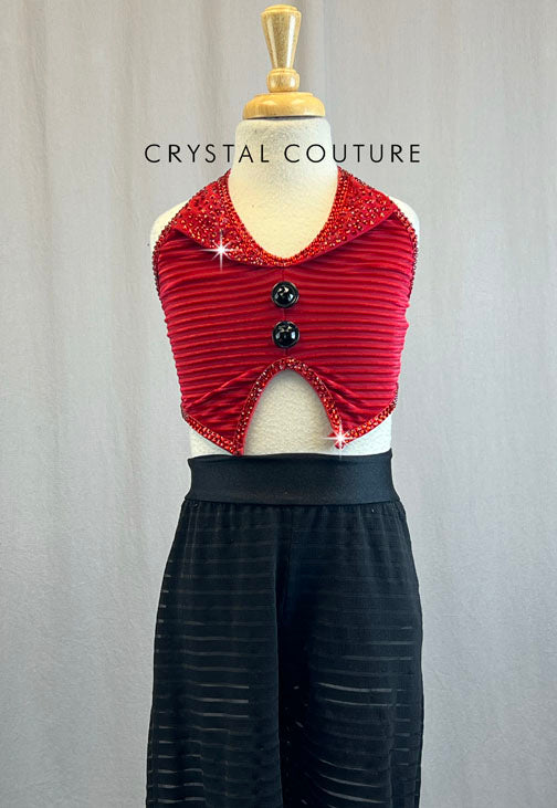 Red Velvet Cropped Vest With Rhinestones and Cropped Black Striped Sheer Pants