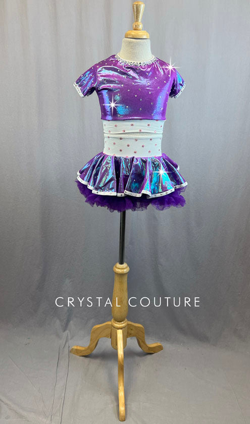 Two Piece Iridescent Purple and White Crop Top and Skirt With Rhinestones