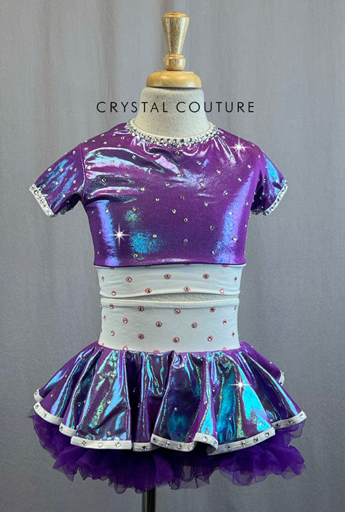 Two Piece Iridescent Purple and White Crop Top and Skirt With Rhinestones