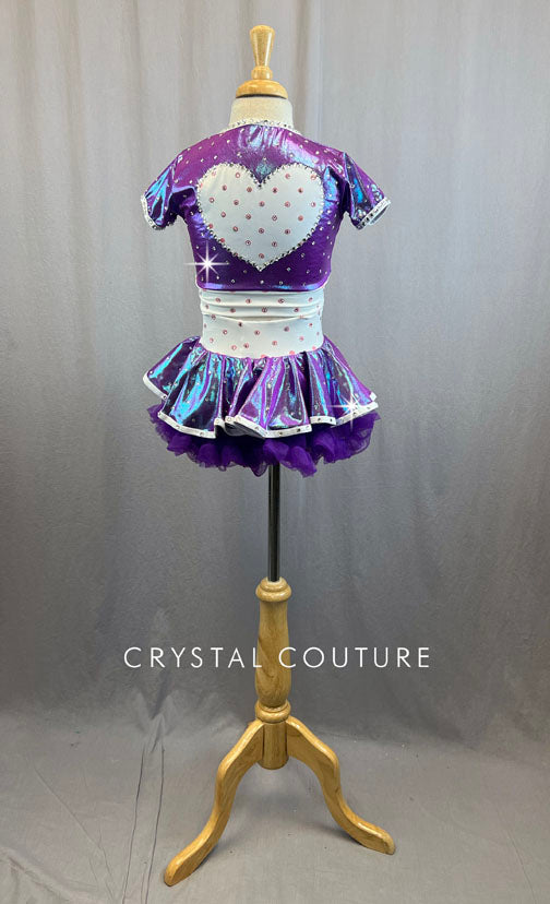 Two Piece Iridescent Purple and White Crop Top and Skirt With Rhinestones