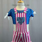 Hot Pink and White Striped Overalls With Denim Look Lycra Top With Rhinestones