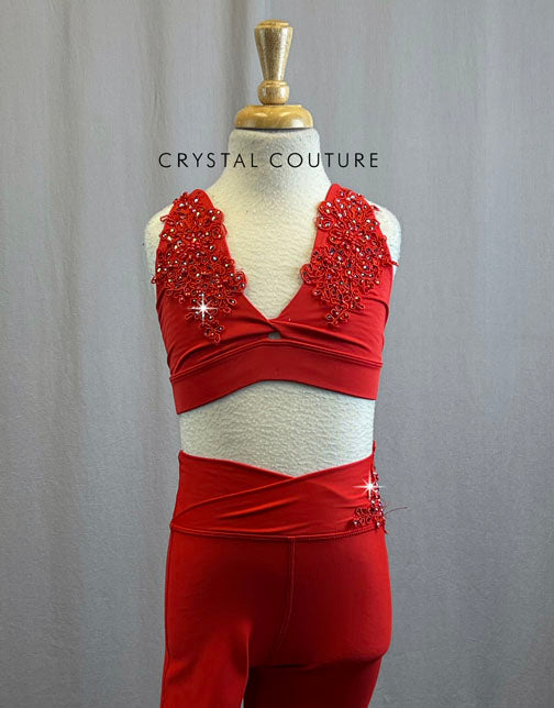 Custom Red Lycra Two Piece With Rhinestone Applique and Pants