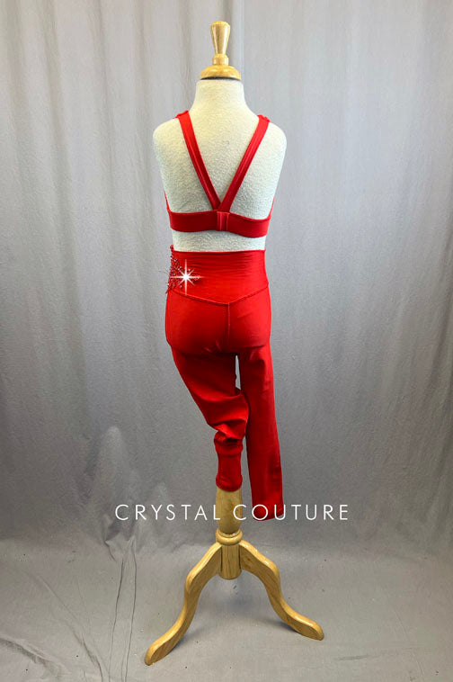 Custom Red Lycra Two Piece With Rhinestone Applique and Pants