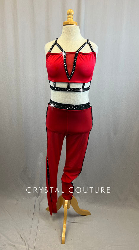 Custom Red and Black Lycra Two Piece With Sheer Pants