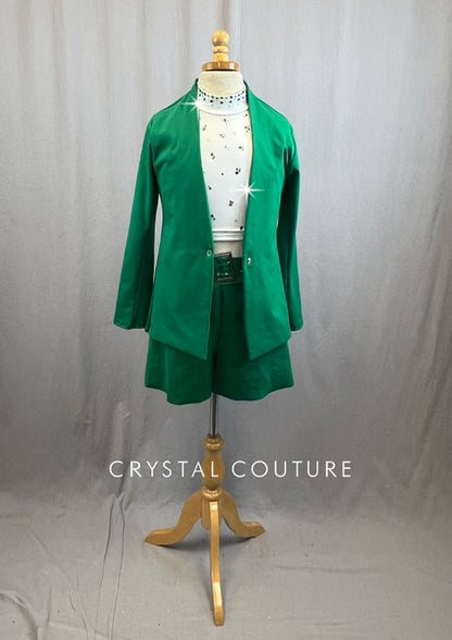 Custom Green Blazer And Shorts With White Lycra Crop Top