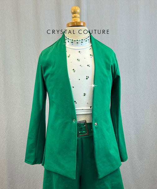 Custom Green Blazer And Shorts With White Lycra Crop Top