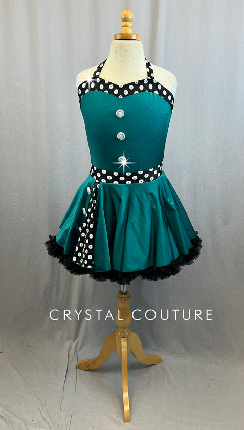 Custom Green Halter 50's Style Dress With Buttons and Black and White Polka Dot with Rhinestones