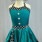 Custom Green Halter 50's Style Dress With Buttons and Black and White Polka Dot with Rhinestones