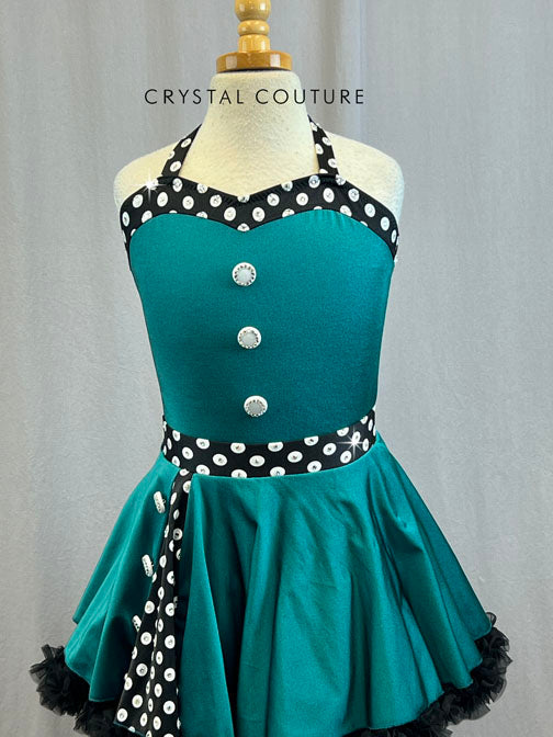 Custom Green Halter 50's Style Dress With Buttons and Black and White Polka Dot with Rhinestones