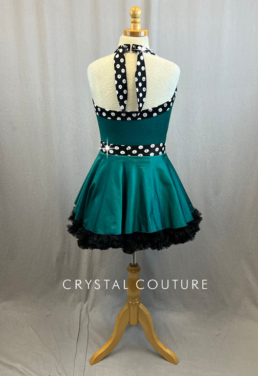 Custom Green Halter 50's Style Dress With Buttons and Black and White Polka Dot with Rhinestones