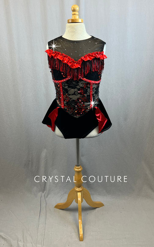 Custom Black and Red Leotard with Lace Sequins and Red Piping