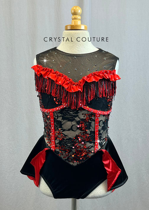 Custom Black and Red Leotard with Lace Sequins and Red Piping