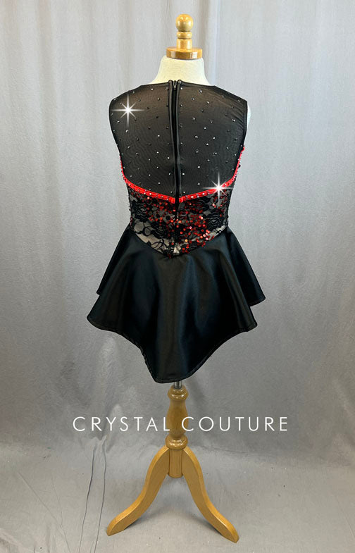 Custom Black and Red Leotard with Lace Sequins and Red Piping