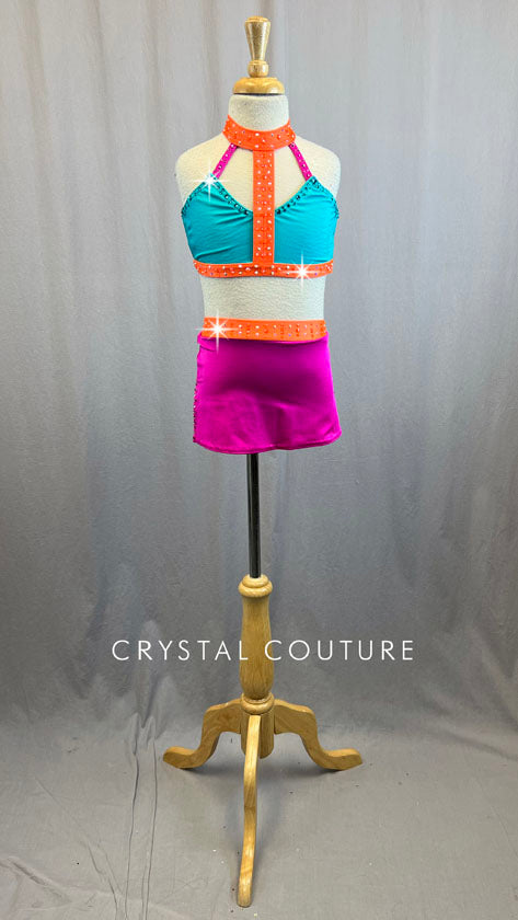 Custom Colorblocked Teal, Fuchsia and Electric Orange Two Piece