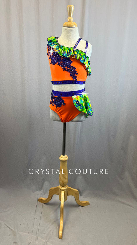 Custom Electric Orange Two Piece With Floral Ruffles