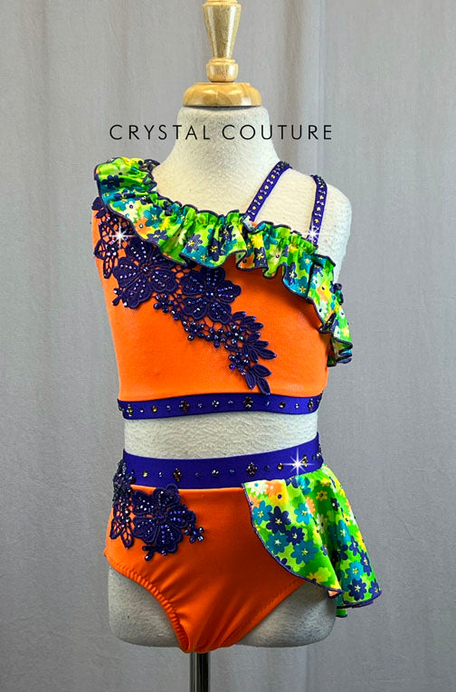 Custom Electric Orange Two Piece With Floral Ruffles