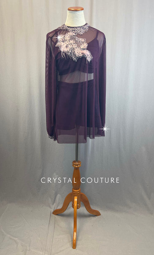 Custom Plum Mesh Tunic With Rhinestones and Plum Bra and Shorts