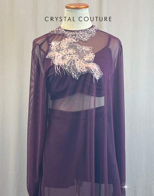 Custom Plum Mesh Tunic With Rhinestones and Plum Bra and Shorts