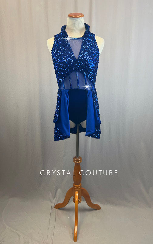 Custom Royal Blue Velvet and Solid Sequin Leotard With Rhinestones