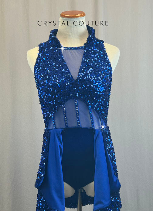 Custom Royal Blue Velvet and Solid Sequin Leotard With Rhinestones