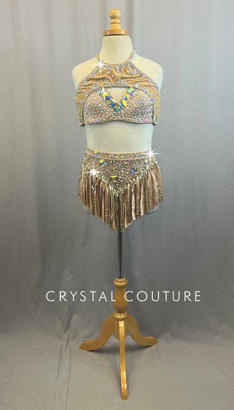 Custom Nude Two Piece with Lycra and Sequin Fringe and Rhinestones