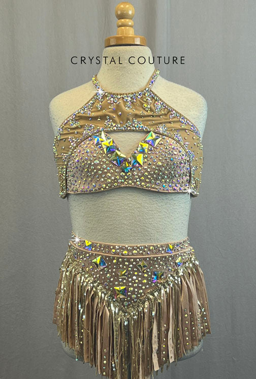 Custom Nude Two Piece with Lycra and Sequin Fringe and Rhinestones