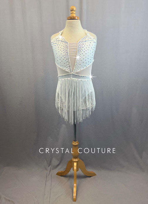 Custom White Halter Leotard With Fringe Skirt and Rhinestones