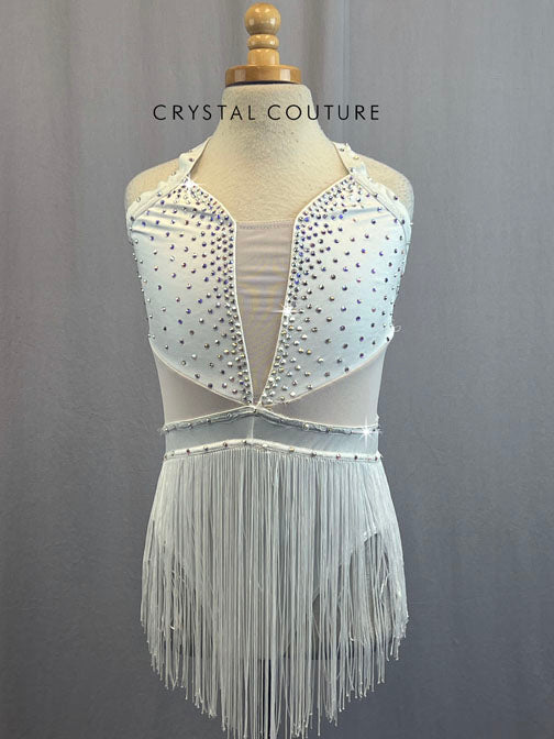 Custom White Halter Leotard With Fringe Skirt and Rhinestones