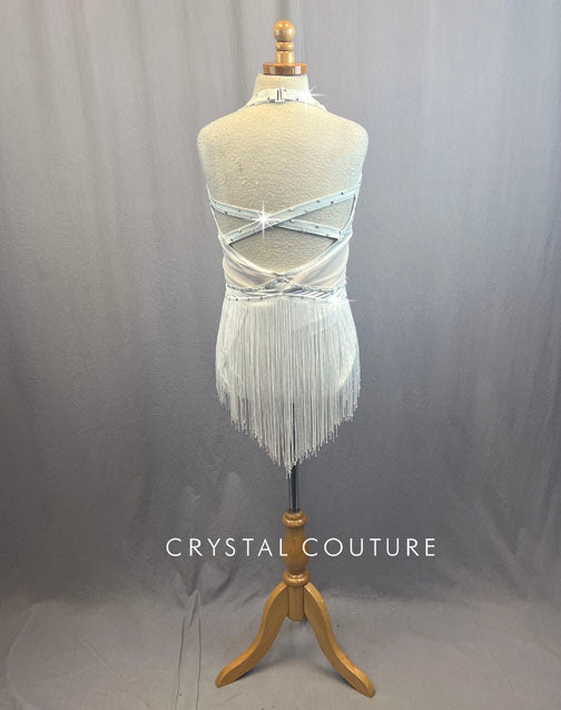 Custom White Halter Leotard With Fringe Skirt and Rhinestones