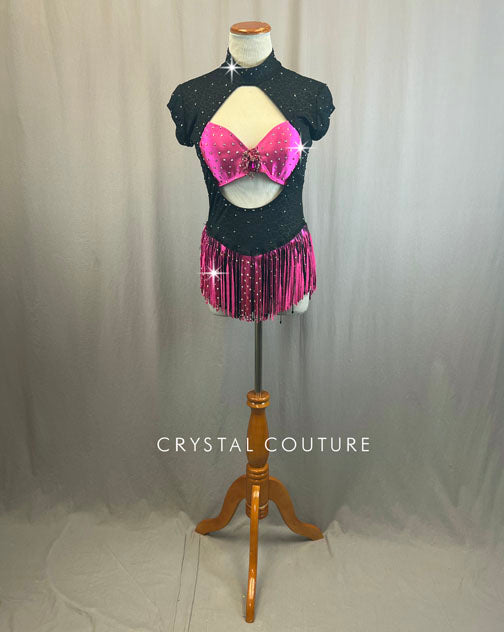 Custom Black and Fucshia Leotard With Fringe and Rhinestones