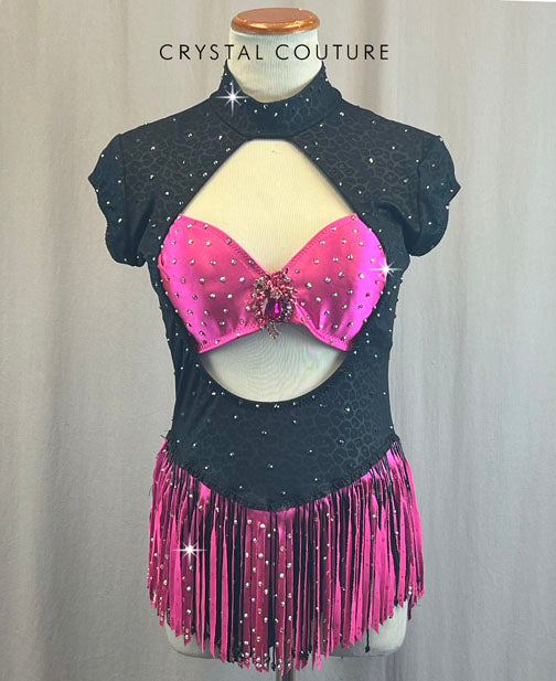 Custom Black and Fucshia Leotard With Fringe and Rhinestones