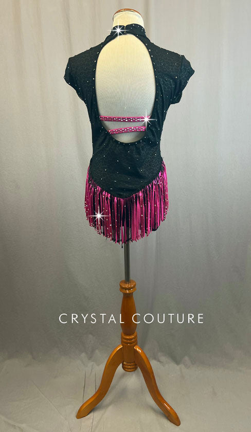 Custom Black and Fucshia Leotard With Fringe and Rhinestones