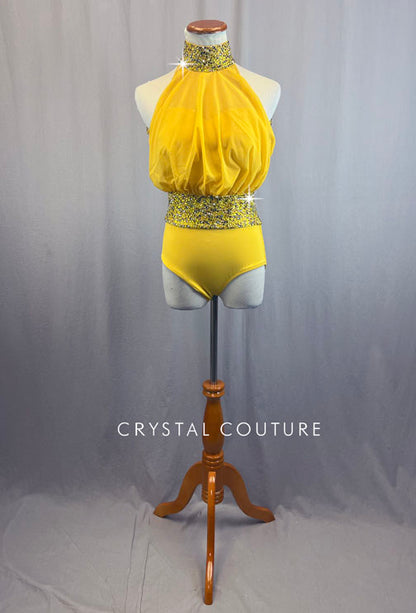 Custom Mustard Yellow Halter Leotard with Rhinestones