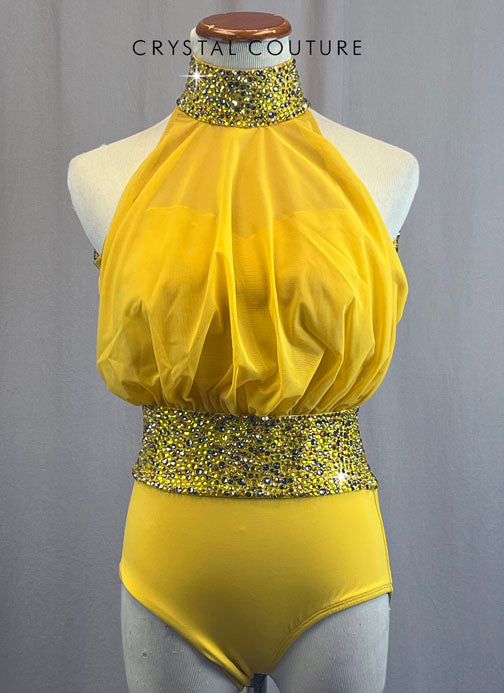 Custom Mustard Yellow Halter Leotard with Rhinestones