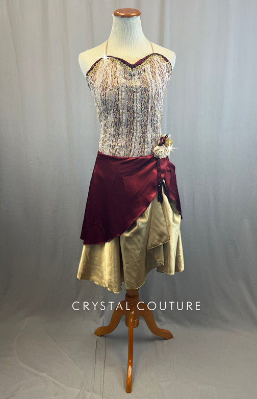 Custom Maroon and Ivory Corset Dress With Maroon Satin Skirt Wth Rhinestones