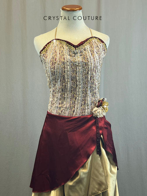 Custom Maroon and Ivory Corset Dress With Maroon Satin Skirt Wth Rhinestones