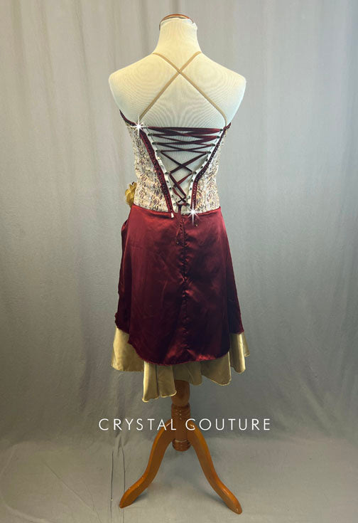 Custom Maroon and Ivory Corset Dress With Maroon Satin Skirt Wth Rhinestones