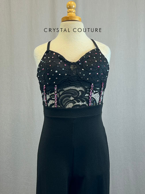 Black Unitard With Black Lace Corset Top and Rhinestones