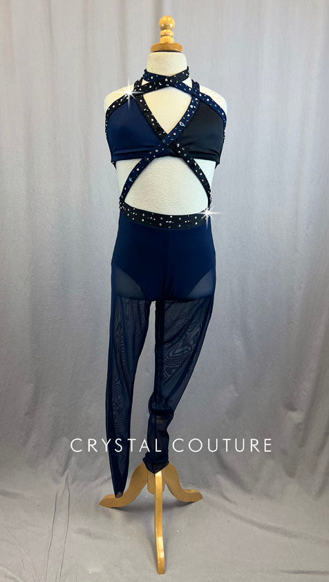 Custom Black and Navy Blue Two Piece Bra Top and Pants With Straps and Rhinestones.