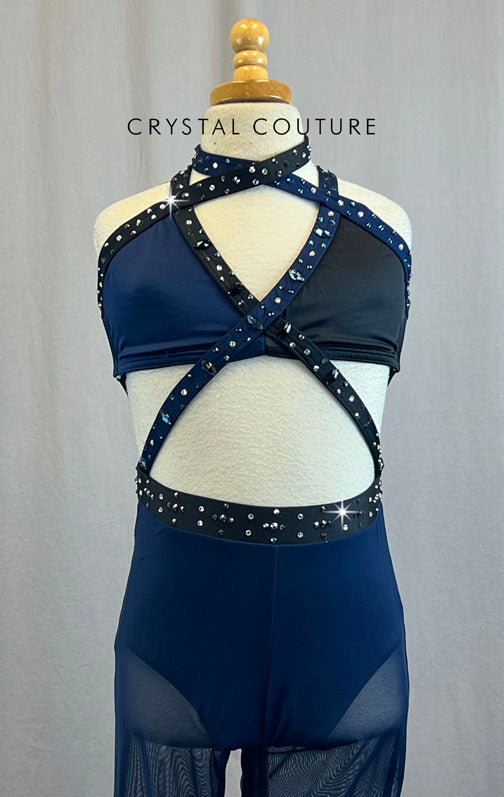 Custom Black and Navy Blue Two Piece Bra Top and Pants With Straps and Rhinestones.