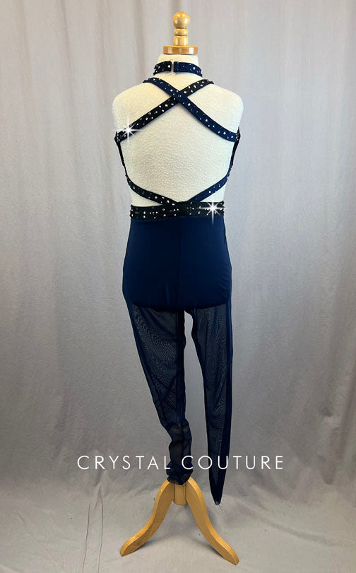 Custom Black and Navy Blue Two Piece Bra Top and Pants With Straps and Rhinestones.