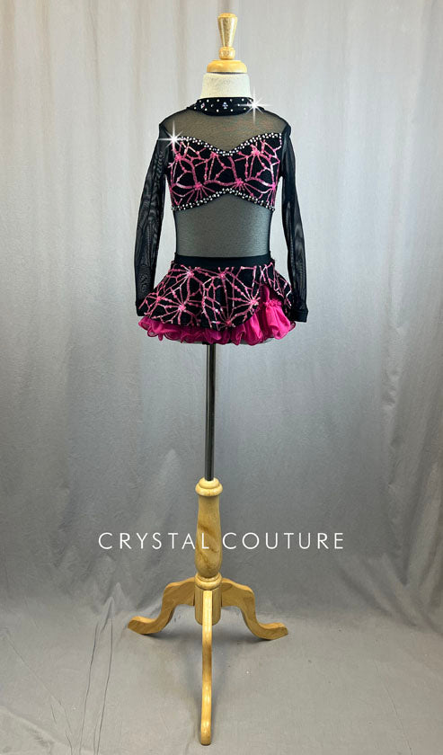 Custom Pink and Black Spiderweb Top and Skirt with Mesh and Rhinestones