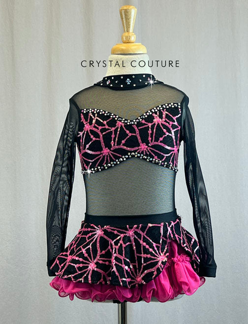 Custom Pink and Black Spiderweb Top and Skirt with Mesh and Rhinestones